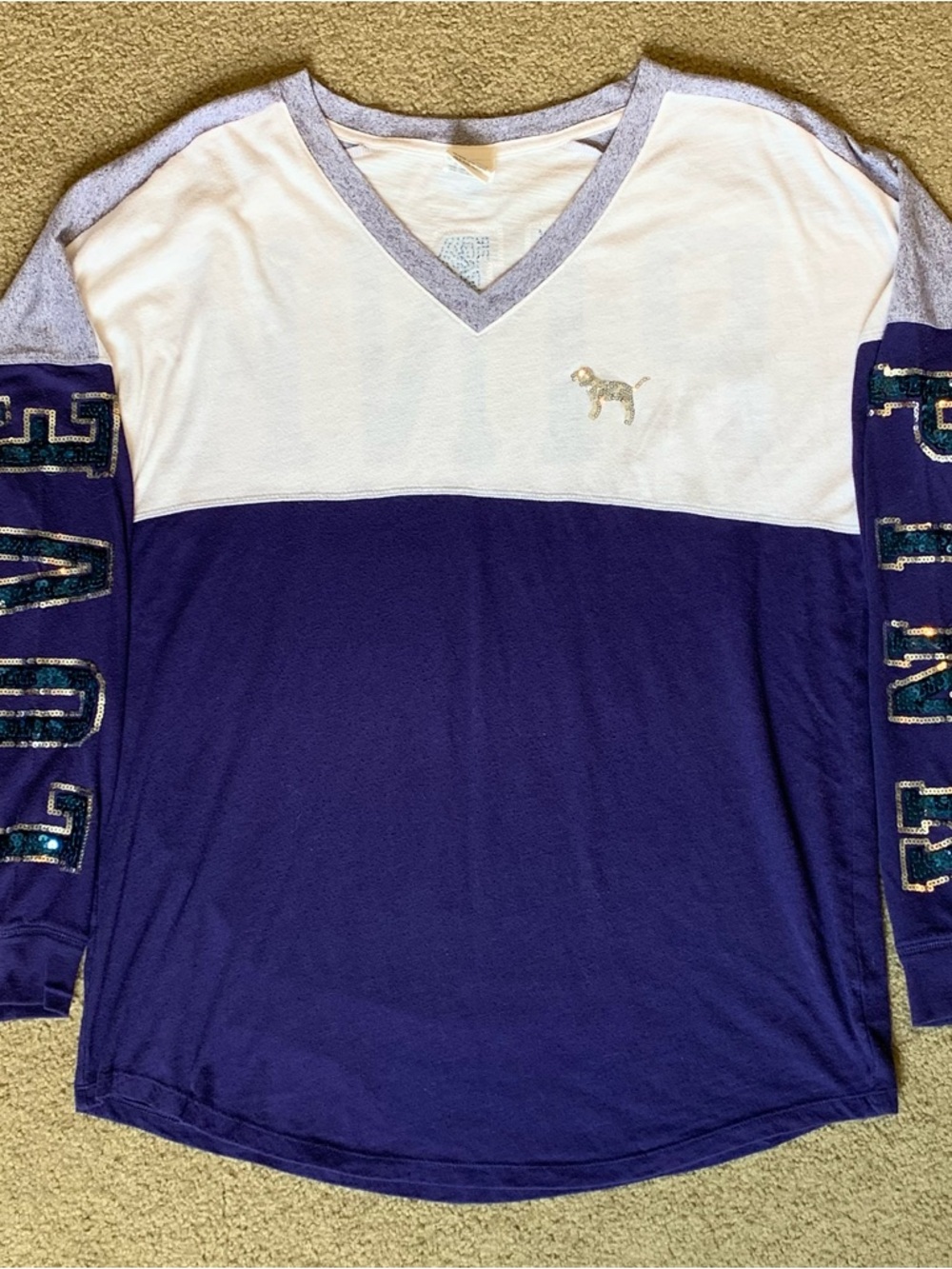 Victoria's Secret Pink Bling Varsity Top T Shirt Color block Blue Sequin Logo M